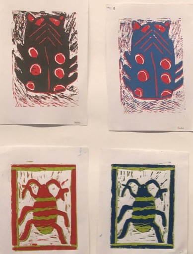 Bild: Beispielbild, Foto von 4 Linoldrucken von Käfern in verschiedenen Farben