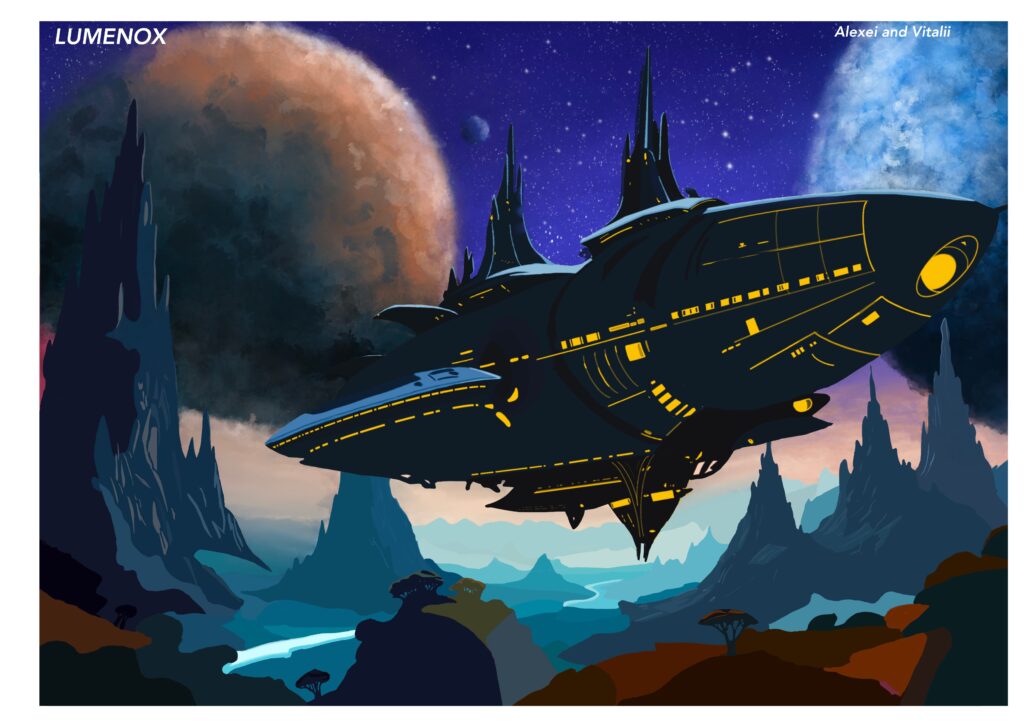 Digitale Zeichnung eines Raumschiffs.
